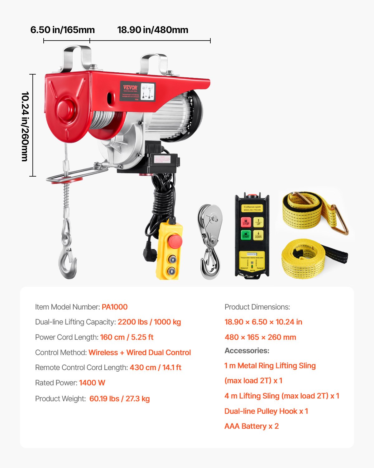 VEVOR Paranco Elettrico Doppio Cavo Carico max. 1000kg, Telecomando a Filo 4,2m e Telecomando Wireless, Altezza Sollevamento 12m a Cavo Singolo, Arresto di Emergenza, per Garage, Magazzino, Fabbrica