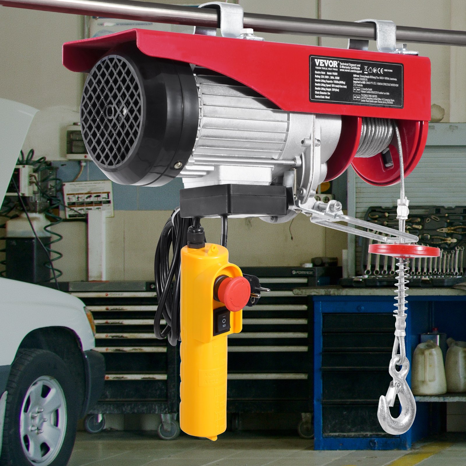 VEVOR Paranco Elettrico Doppio Cavo Carico max. 800 kg, Telecomando a Filo 4,2 m, Altezza di Sollevamento Cavo Singolo 12 m, Paranco Arresto di Emergenza, Sollevatore per Garage, Magazzino, Fabbrica