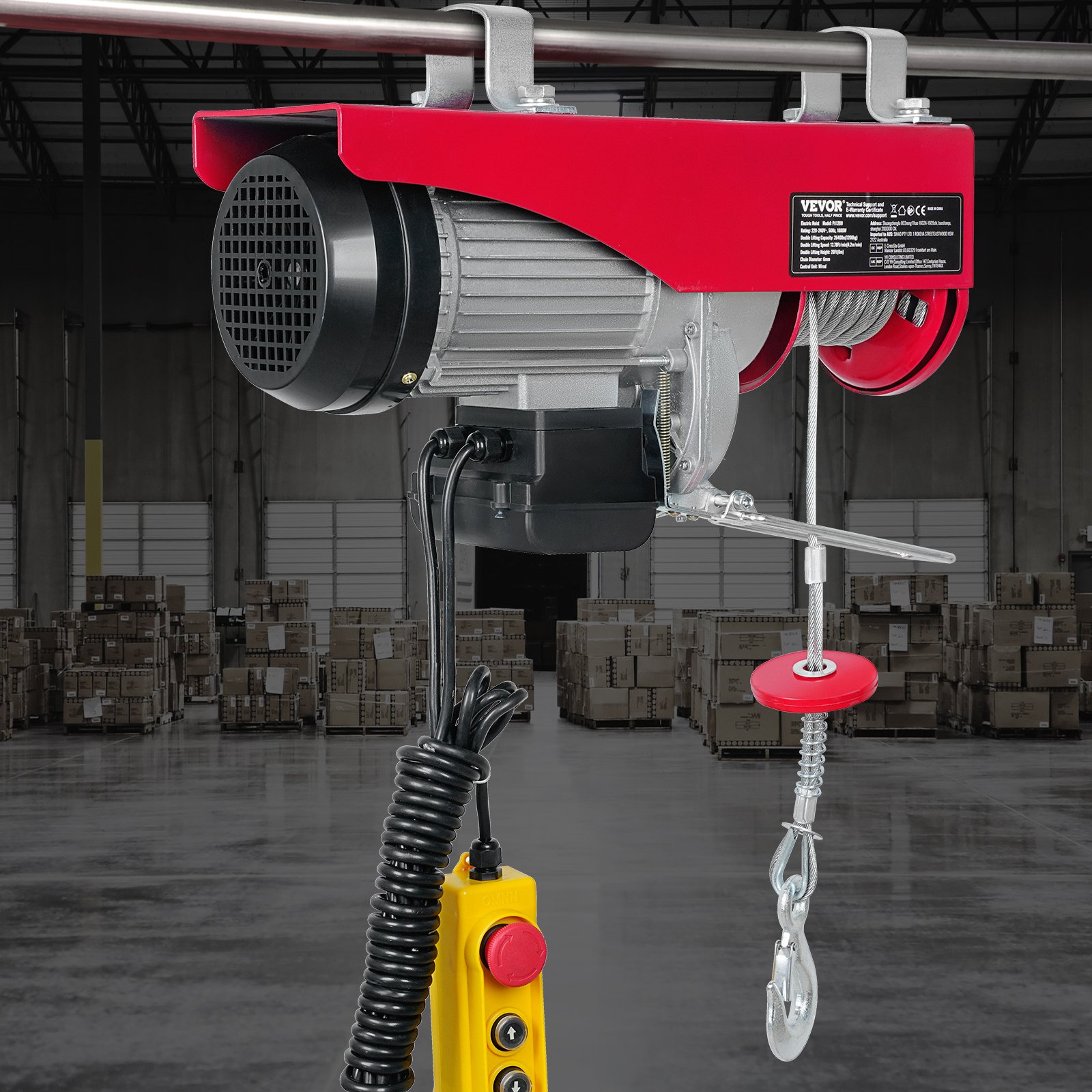 VEVOR Electric Winch, 1200 kg Motor Winch with 4.2 m Wired Remote Control, 12 m Lifting Height with Single Cable, Single/Double Loops, Emergency Stop, Lifting Equipment for Garage, Warehouse, Factory