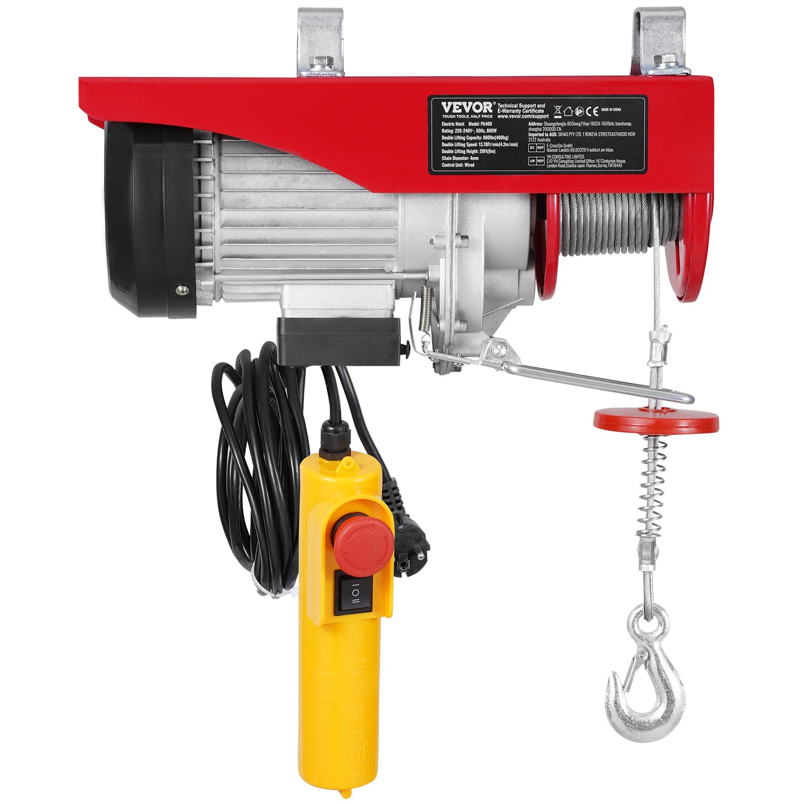 VEVOR Electric Winch, 400 kg, Motor Winch with 4.2 m Wired Remote Control, 12 m Lifting Height with Single Cable, Single/Double Loops, Emergency Stop, Lifting Equipment for Garage, Warehouse, Factory