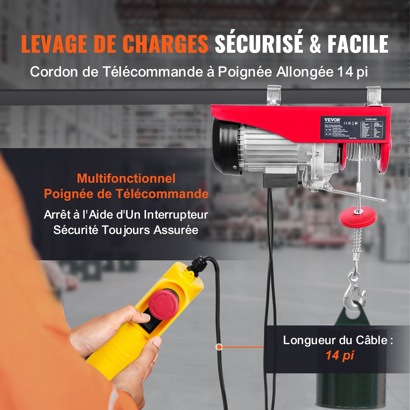 VEVOR Paranco a Leva Elettrico 1150 W Carico Max. da 600 kg Altezza di Sollevamento 12 m Motore con Telecomando,  Paranco Elettrico a Leva per Sollevamento Carico Velocità 10 m/min da Garage