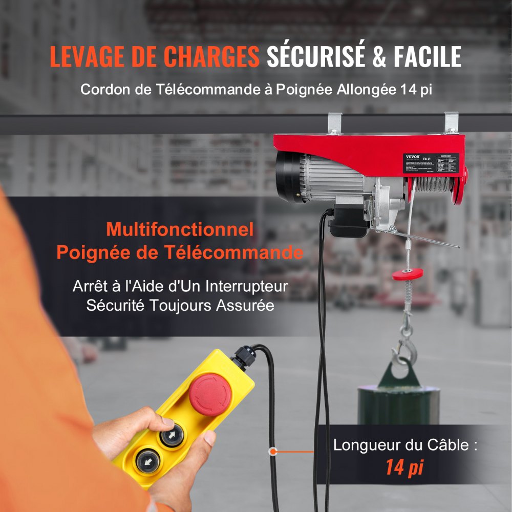 VEVOR Paranco a Leva Elettrico 1600 W Carico Max. 1000 kg Altezza di Sollevamento 12 m Motore con Telecomando,  Paranco Elettrico a Leva per Sollevamento Carico Velocità 10 m/min da Garage
