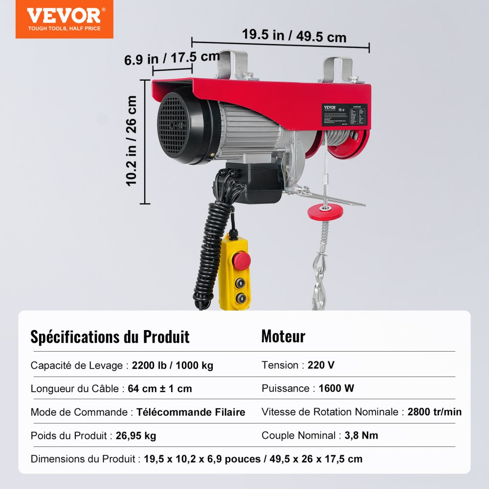 VEVOR Paranco a Leva Elettrico 1600 W Carico Max. 1000 kg Altezza di Sollevamento 12 m Motore con Telecomando,  Paranco Elettrico a Leva per Sollevamento Carico Velocità 10 m/min da Garage