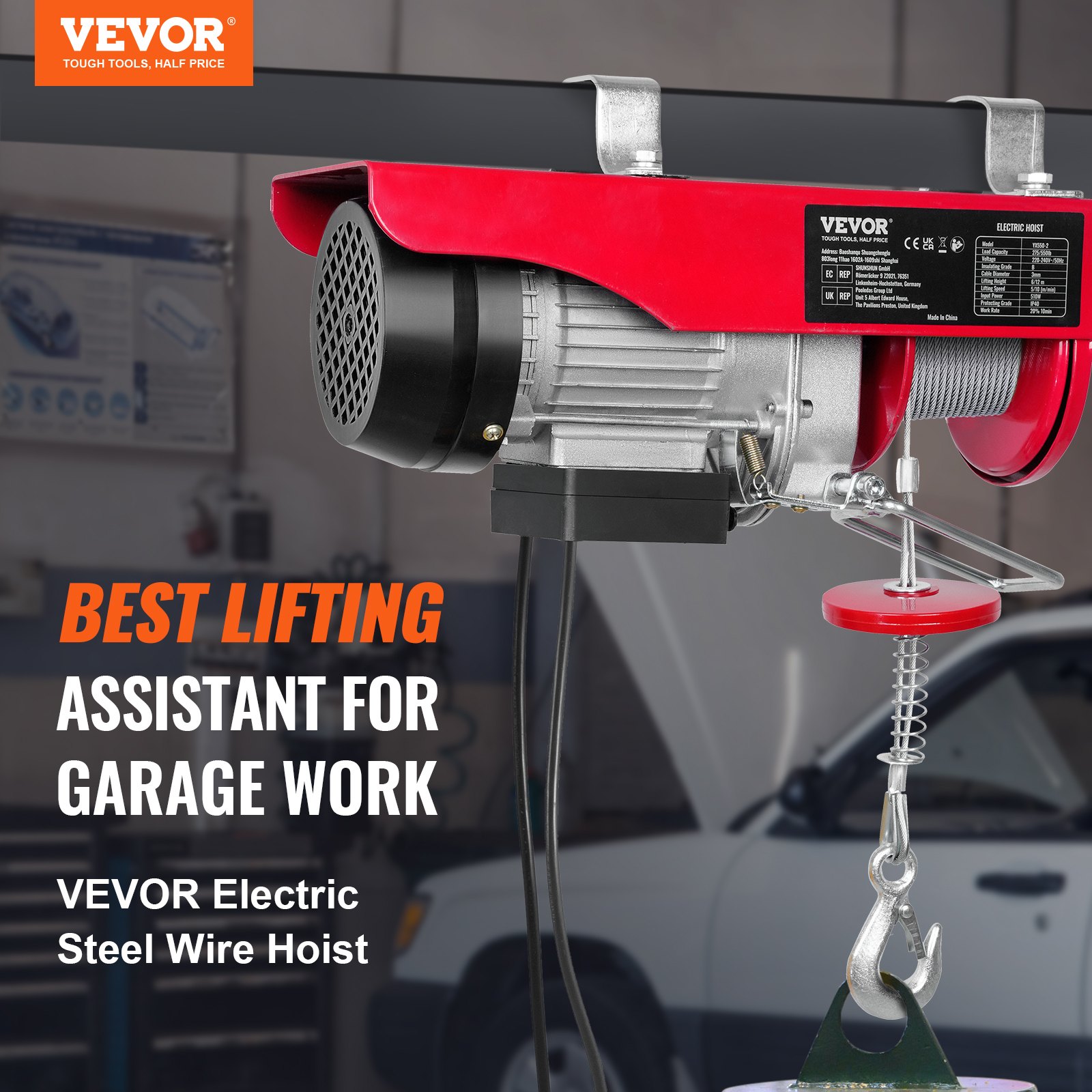 VEVOR Paranco a Leva Elettrico 510 W Carico Max. da 250 kg Altezza di Sollevamento 12 m Motore con Telecomando,  Paranco Elettrico a Leva per Sollevamento Carico Velocità 10 m/min da Garage