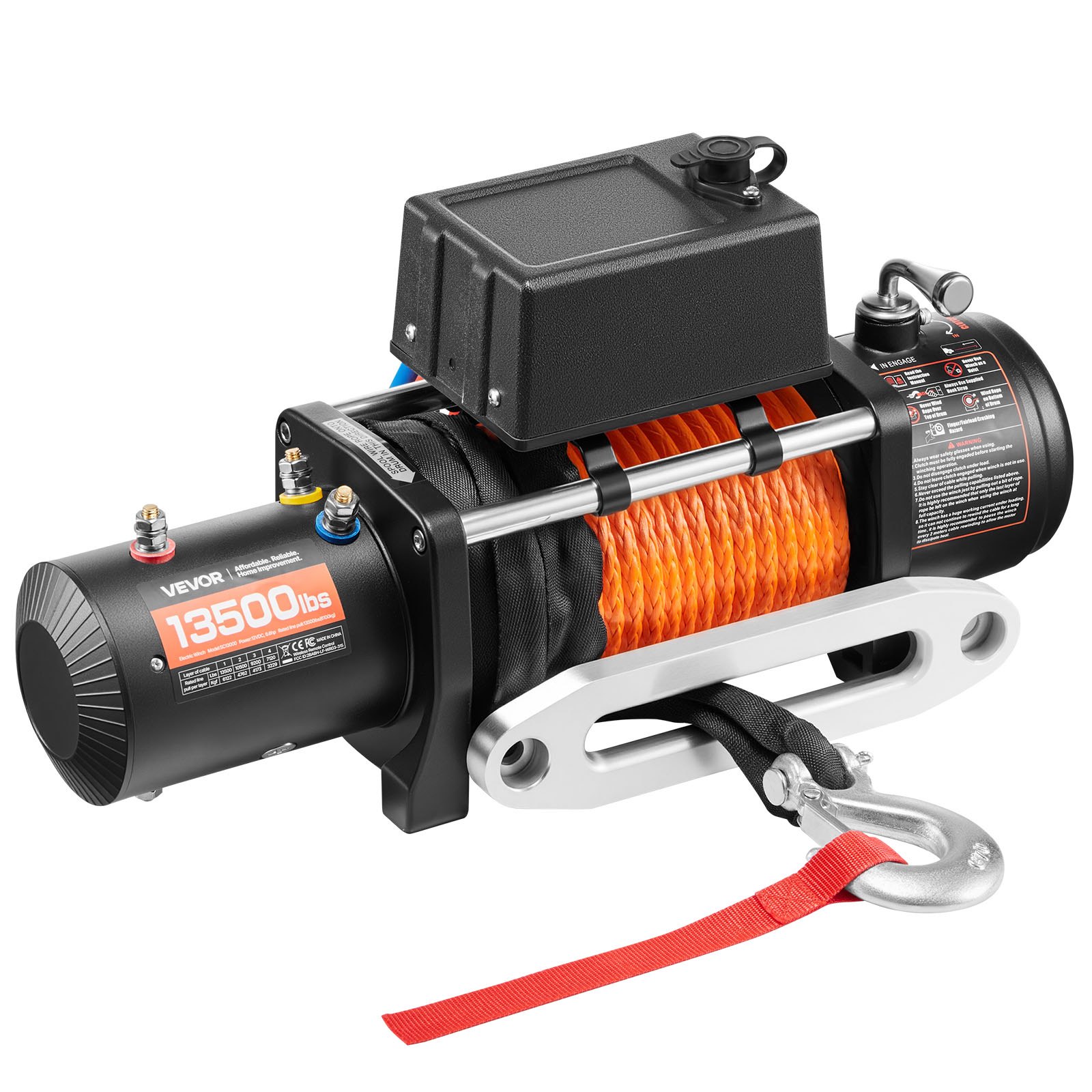 VEVOR Argano Elettrico Carico da 6123 kg/13500 lbs Argano per Camion 12 V CC con Corda Sintetica Φ9,5 mm x 24 m Telecomando Senza FilI e Cablato, Verricello Elettrico per Traino Fuoristrada SUV Jeep