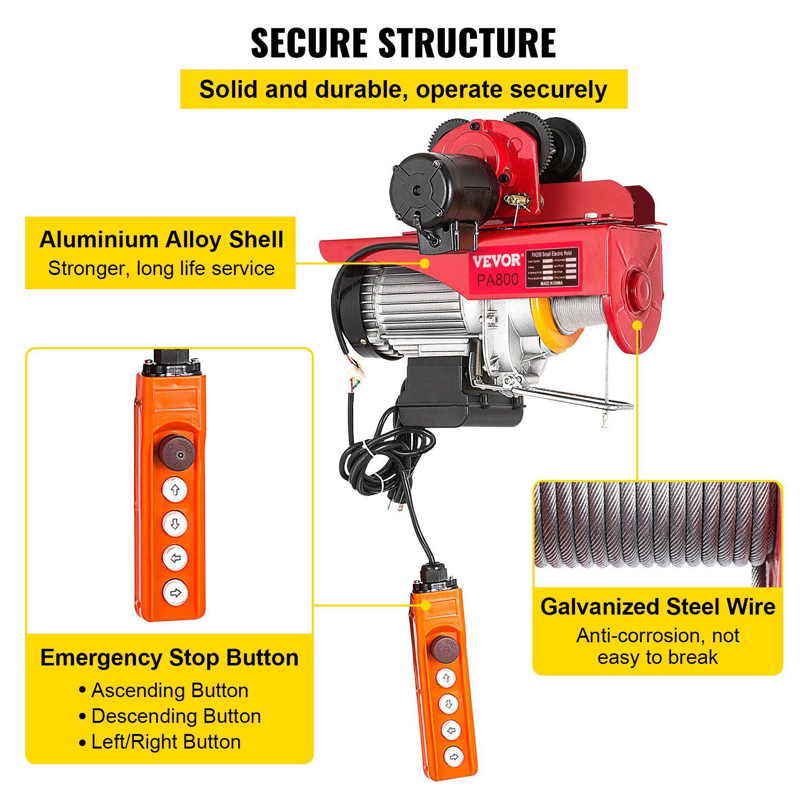 VEVOR Electric Chain Hoist, 1300 W Electric Pulley Block, 800 kg Double Cable Capacity Steel Chain Hoist, 1 T Rated Load Rope Hoist with Trolley, Chain Hoist Winch for Factories