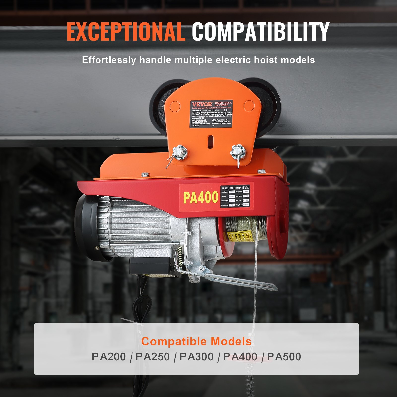 VEVOR Carrello Porta Paranco Elettrico Capacità di Carico 1 T, Carrello con Trave di Spinta in Acciaio Legato Larghezza Regolabile 68-110 mm, Porta Paranco Supporto per Paranco Elettrico Trave I e H