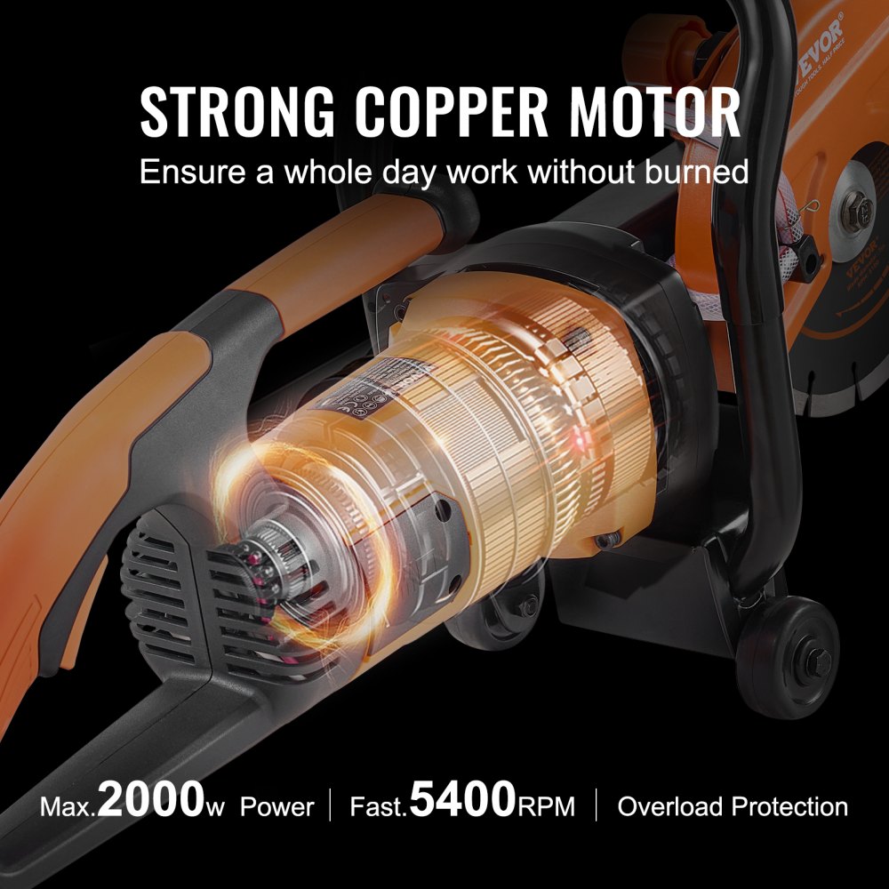 VEVOR Electric Concrete Saw, 180 mm, High-Performance Circular Saw 2000 W, Cutting Depth 63 mm, Wet/Dry Disc Saw with Water Pipe, Water Pump, Saw Blade, for Stone and Brick
