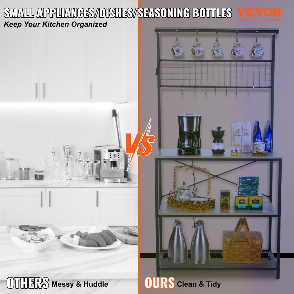 VEVOR Scaffale Portaoggetti Portautensili da Cucina 4 Ripiani Salvaspazio con 10 Ganci Carico Max. 105 kg ca., Scaffale Portautensili da Terra per Cucina per Forno Tostapane Microonde 84 x 40 x 170 cm