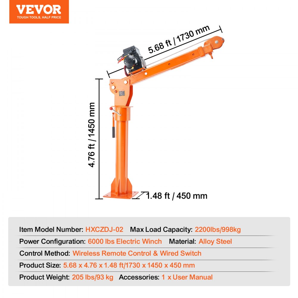 VEVOR Electric Pick-Up Crane, 998 kg, Foldable Truck Crane with 2721 kg Electric Winch, Steel Loading Crane, 360° Swivel, Lifting Crane for Lifting Goods on Construction Sites and in Factories