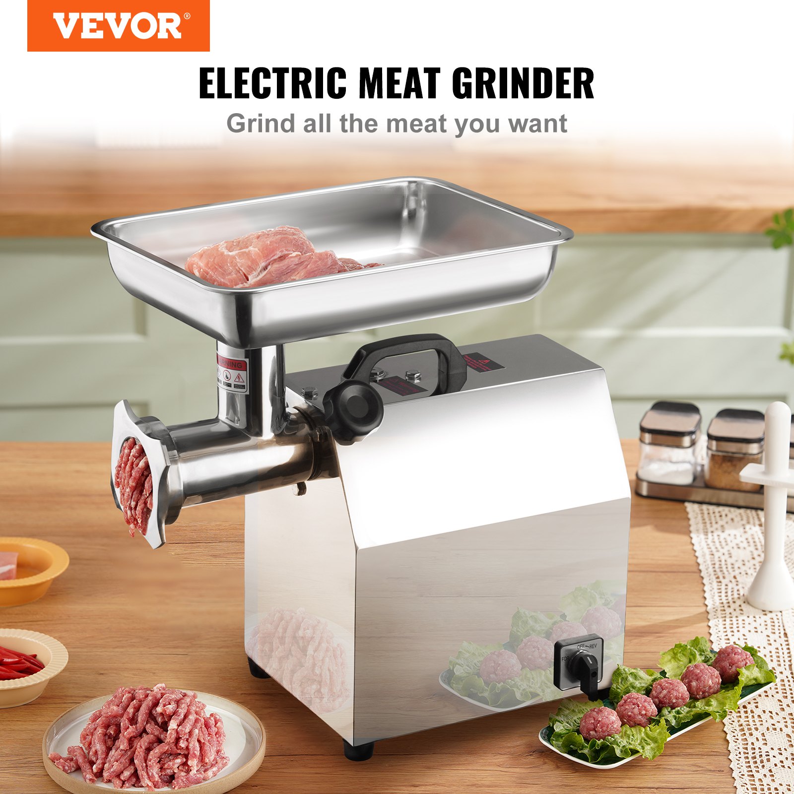 VEVOR Tritacarne Elettrico in Acciaio Inossidabile 304 Capacità Portante 9-10kg Potenza Nominale 650W, Tritacarne da Banco Funzione d'Inversione Capacità 3,76kg/min per Cucina Commerciale Salumeria