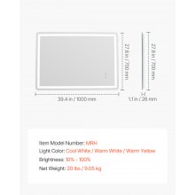 VEVOR Specchio da Bagno a LED da Parete Antiappannamento 3 Colori 70 x 100 cm