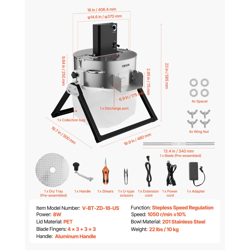 VEVOR Tagliatrice per Foglie Gemme da 415 mm con Lame Affilate in Acciaio Inossidabile, Tagliabordi Idroponico a Staffa per Taglio Bagnato Asciutto con Griglia Asciutta, per Piante, Boccioli