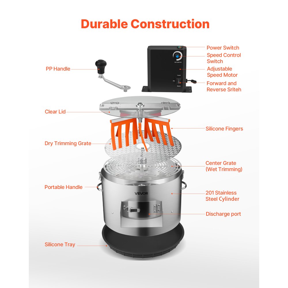 VEVOR Tagliabordi per Foglie Gemme, Manuale ed Elettrico, Tagliabordi da 370 mm con Lame in Acciaio Inox, Taglio Visivo, Macchina da Taglio Idroponica a Umido e a Secco con Vassoio, per Piante