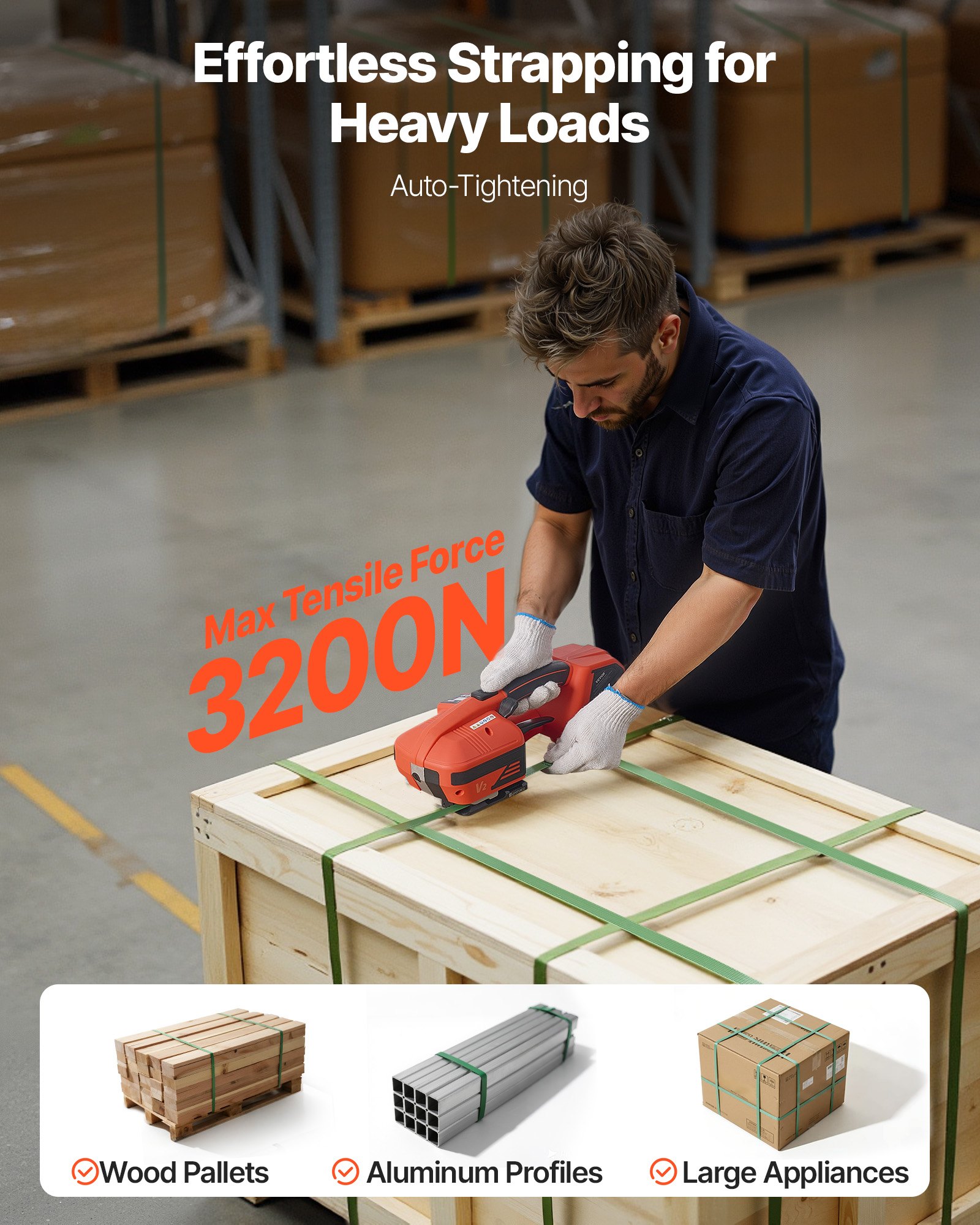 VEVOR Electric Strapping Machine, 2 x 4000mAh Batteries, Automatic Strapping Tool with Digital Display for 9-16 mm Wide PP/PET Straps, Banding Tensioner Machine for Packaging Box Pallet