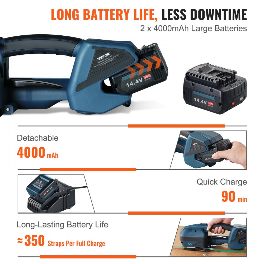 VEVOR Reggiatrice Elettrica 0,89-1,6 cm Tendireggia Elettrica per Reggette PP PET, con Schermo Digitale, 2 x 4000 mAh Reggiatrice Automatica Alimentata a Batteria per Pallet di Scatole da Imballaggio