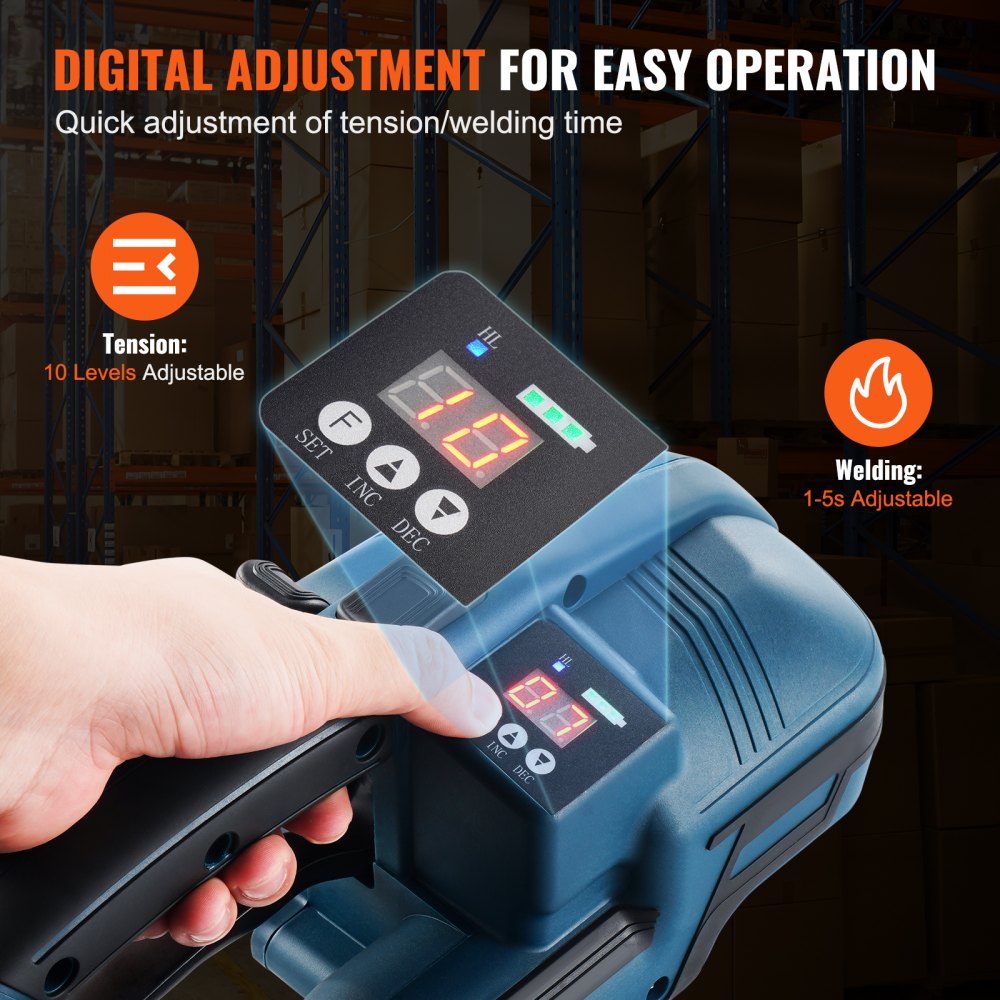 VEVOR Reggiatrice Elettrica 0,89-1,6 cm Tendireggia Elettrica per Reggette PP PET, con Schermo Digitale, 2 x 4000 mAh Reggiatrice Automatica Alimentata a Batteria per Pallet di Scatole da Imballaggio