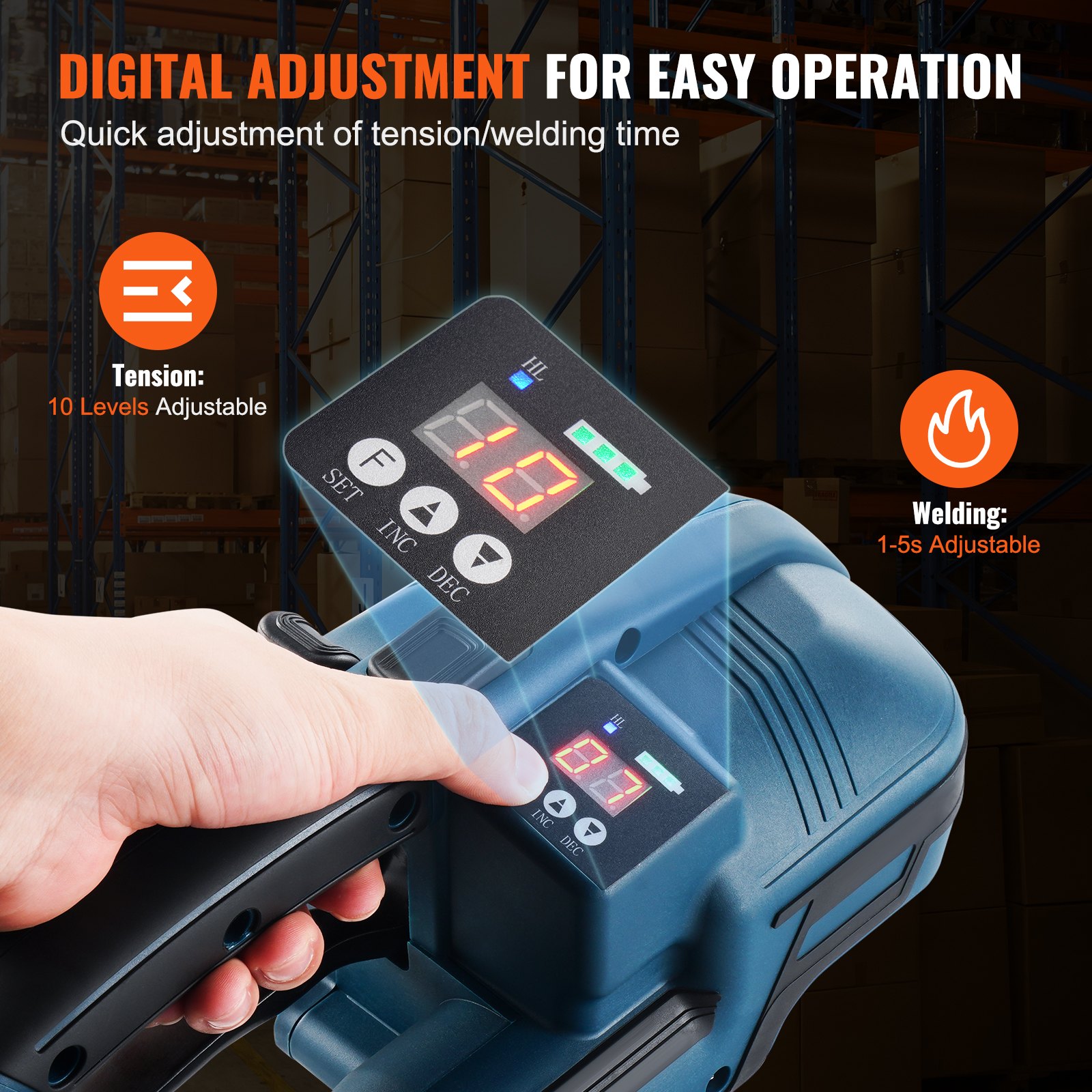 VEVOR Reggiatrice Elettrica 0,89-1,6 cm Tendireggia Elettrica per Reggette PP PET, con Schermo Digitale, 2 x 4000 mAh Reggiatrice Automatica Alimentata a Batteria per Pallet di Scatole da Imballaggio