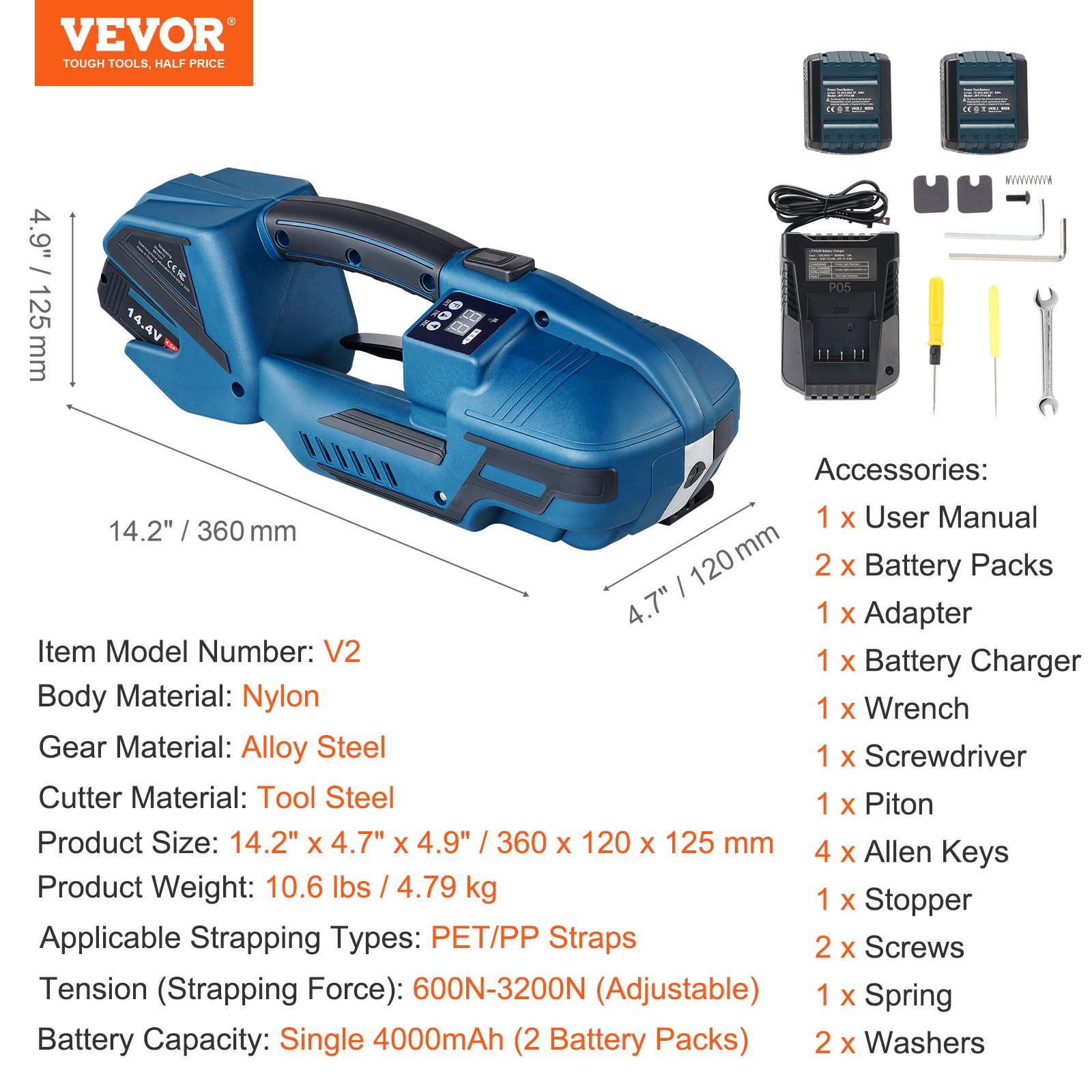 VEVOR Reggiatrice Elettrica 0,89-1,6 cm Tendireggia Elettrica per Reggette PP PET, con Schermo Digitale, 2 x 4000 mAh Reggiatrice Automatica Alimentata a Batteria per Pallet di Scatole da Imballaggio