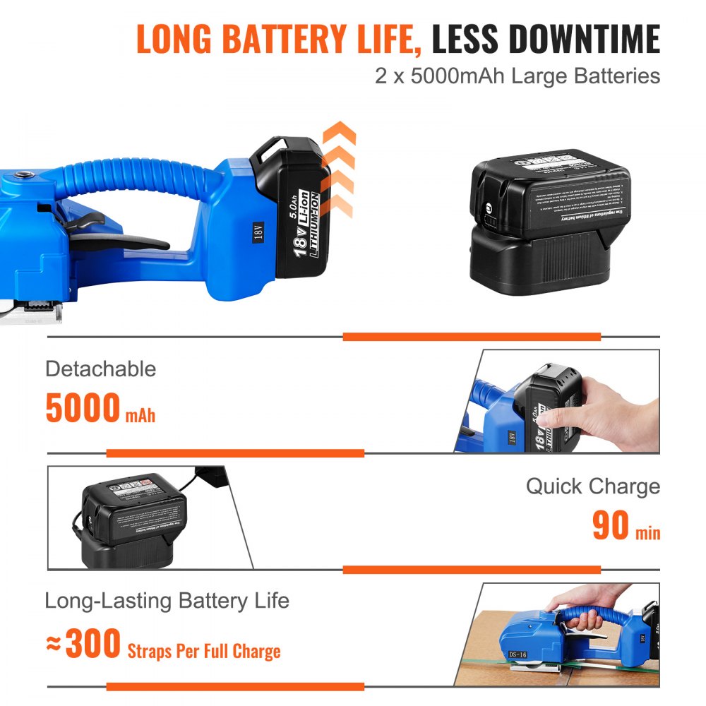 VEVOR Electric Strapping Machine, for 0.35"-0.63" PP-PET Strapping, Portable Electric Strapping Tool with Digital Display, 2 x 5000 mAh Battery-Powered Automatic Strapping Tool for Carton Pallets
