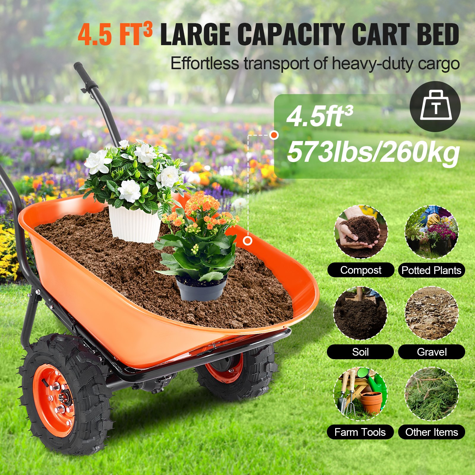 VEVOR Wheelbarrow, 500W Powered Multi-Purpose Garden Cart, Tipping Cart, 260kg Capacity with Metal Handle and Rail Wheels, Two-Wheeled Transport Cart and Trolley for Lawn Farm, 167 x 76 x 78 cm