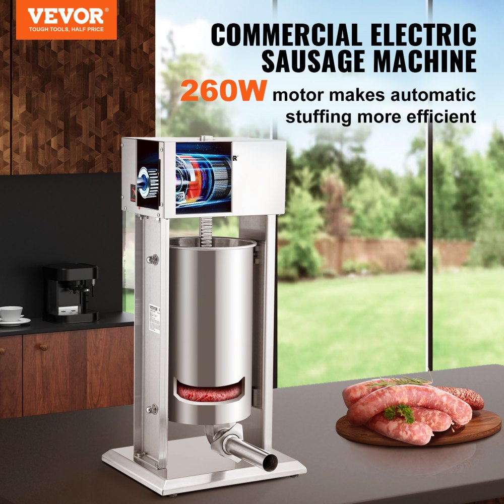 VEVOR Electric Sausage Stuffer, Sausage Filling Machine, 15 L, Stainless Steel + Aluminum, 260 W, Professional Silver Sausage Machine incl. 37 / 30 / 21 / 15 mm Filling Tubes, Adjustable Vertical Sausage Press