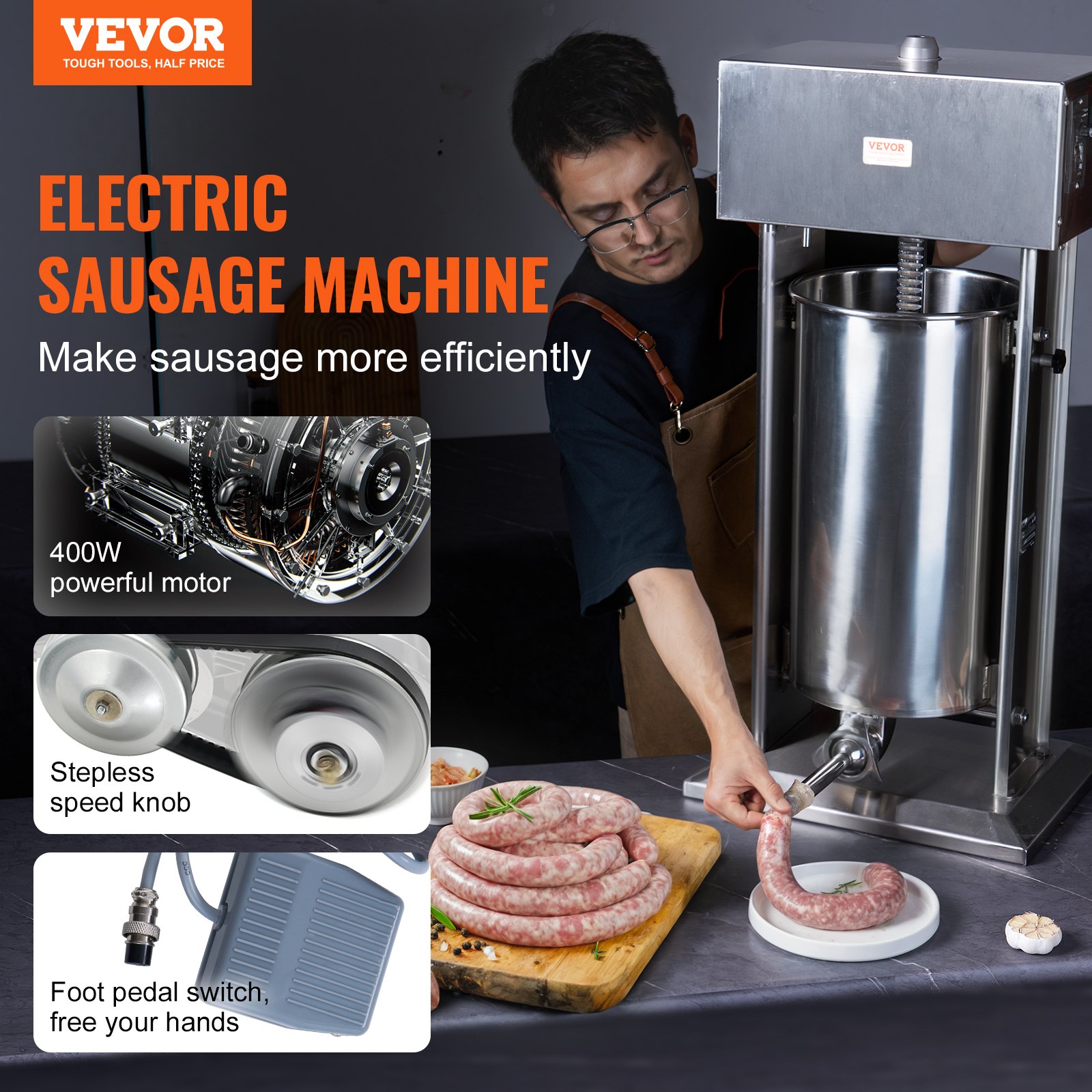 VEVOR Electric Sausage Stuffer, 25 L / 55 lb Vertical Meat Stuffer, 400 W Motor, Stepless Speed Control and Foot Pedal, Made of Food-Grade 304 Stainless Steel, 5 Filling Tubes for Home and Commercial Use