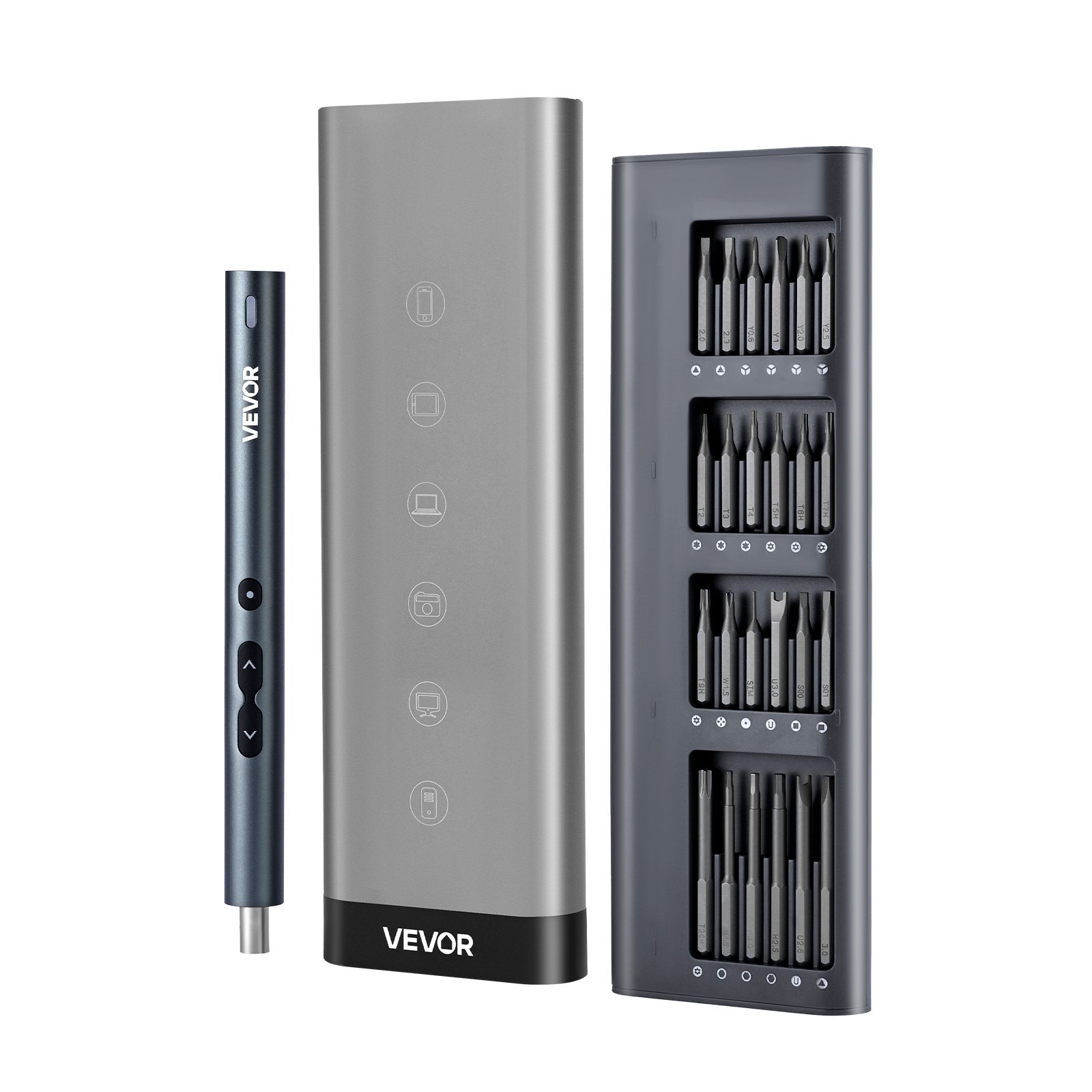 VEVOR Cacciavite Elettrico di Precisione, 48 Punte Magnetiche Mini Cacciavite Elettrico con Scatola di Immagazzinaggio Magnetica, Luce LED e Ricarica di Tipo C, per Riparare Telefoni e Laptop