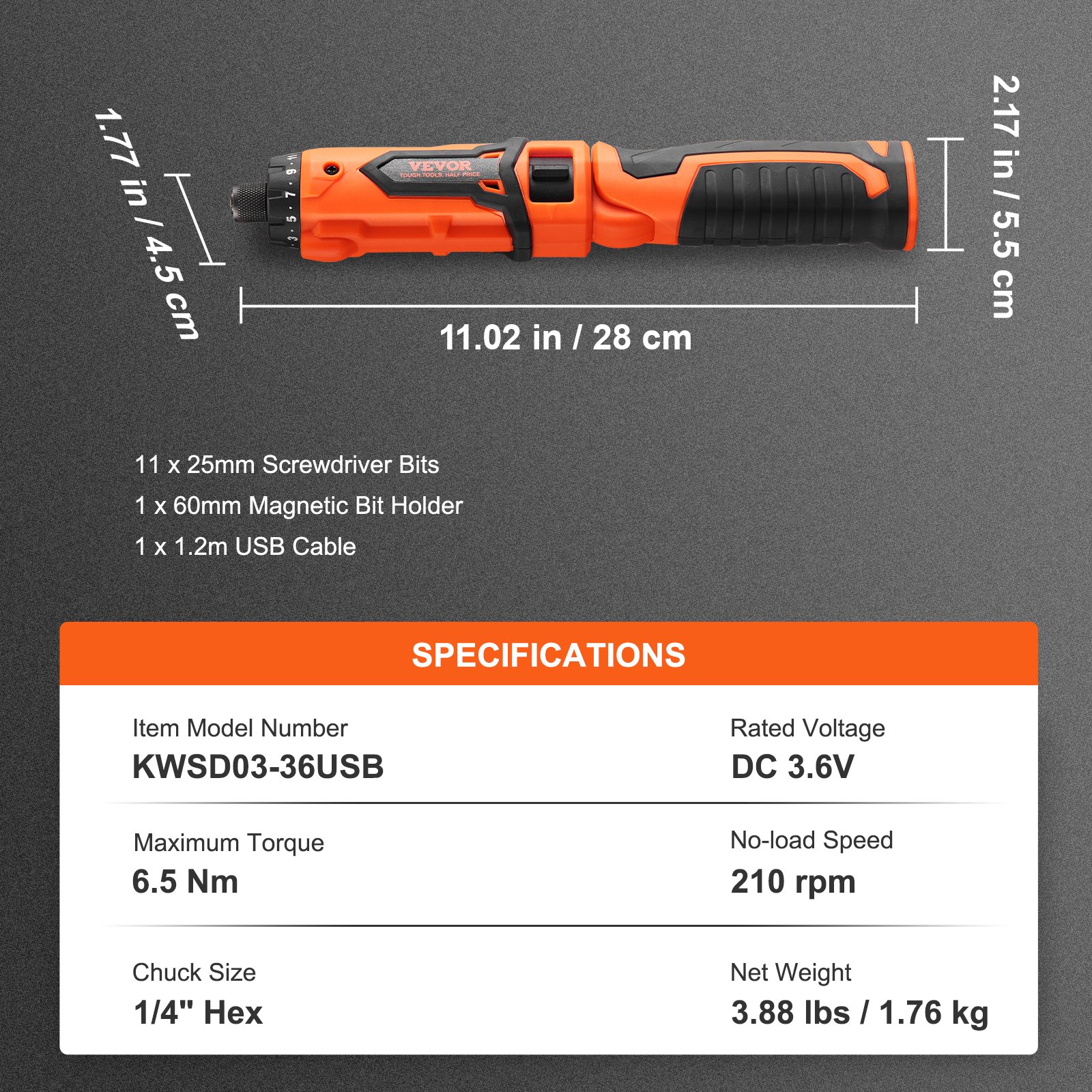 VEVOR Kit Cacciavite Elettrico 590g con 11 Punte Restituibili Velocità a Vuoto 210 giri/min Corrente CC 3,6V, Set Cacciavite Elettrico Ricaricabile Senza Fili Coppia Max. 6,5Nm con Luce LED Frontale