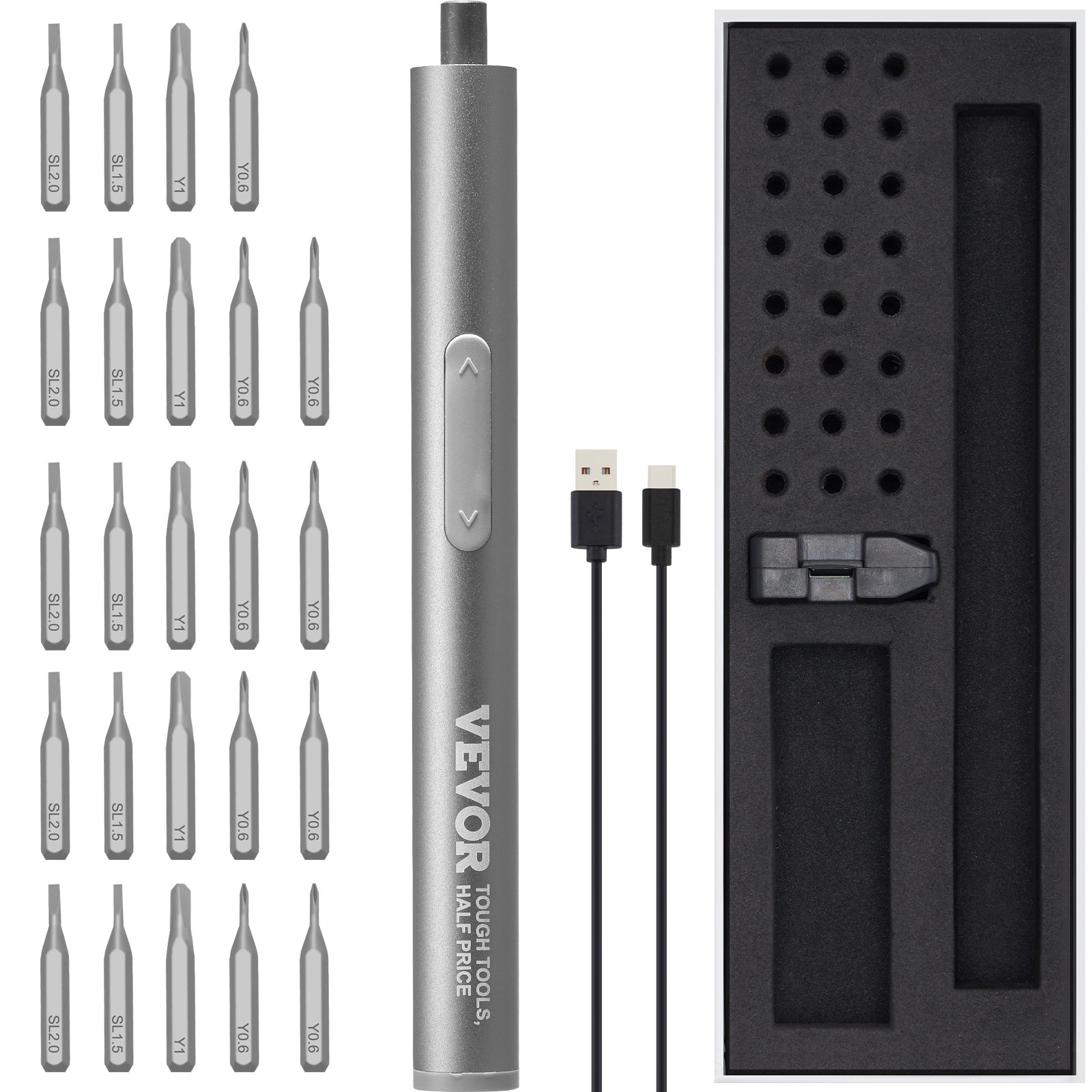 VEVOR Kit di Mini Cacciavite Elettrico 135g con 24 Punte Magnetiche Velocità a Vuoto 170 giri/min Corrente CC 3,7V, Set Cacciavite Elettrico Ricaricabile Senza Fili Coppia tra 0,3Nm-3Nm con Luce LED