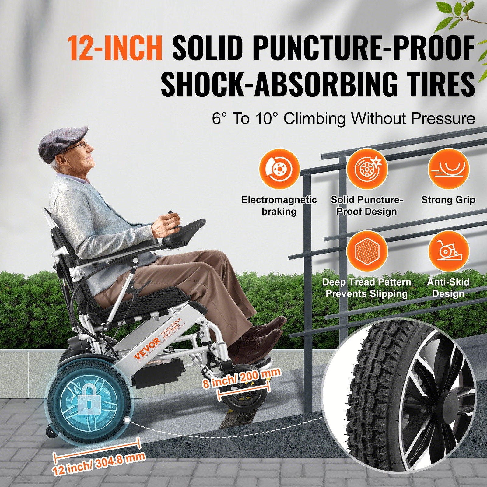 VEVOR Sedia a Rotelle Elettrica, Capacità Carico 136,08 kg, Sedia a Rotelle Motorizzata Pieghevole Leggera Larghezza 449,58 mm, Sedia per Tutti i Terreni Lega Alluminio, Schienale Regolabile