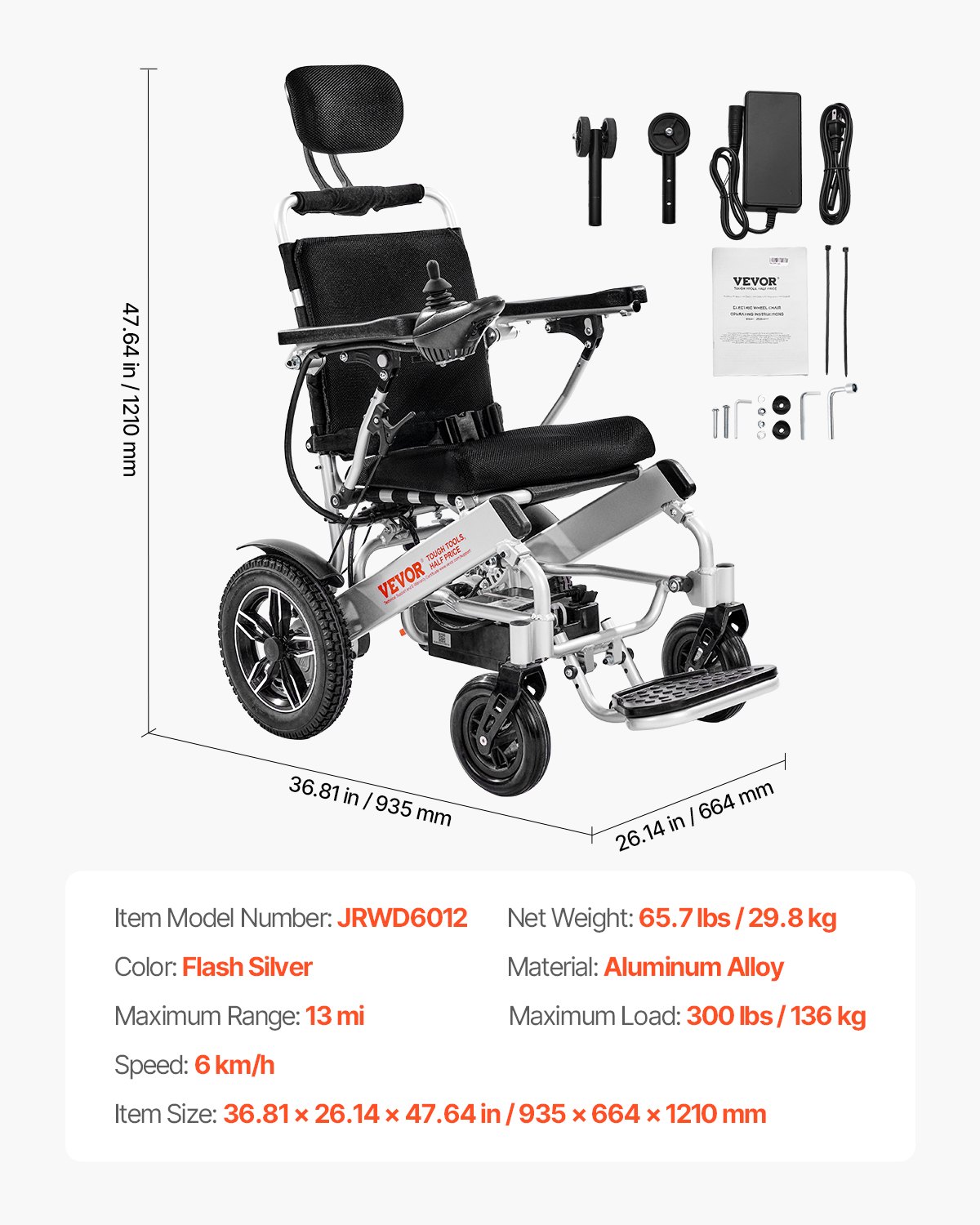 VEVOR Electric Folding Wheelchair, Medical Scooter up to 136 kg, Electric Wheelchair with Adjustable Backrest, 21 km Range, for Seniors and Disabled People, Easy to Transport