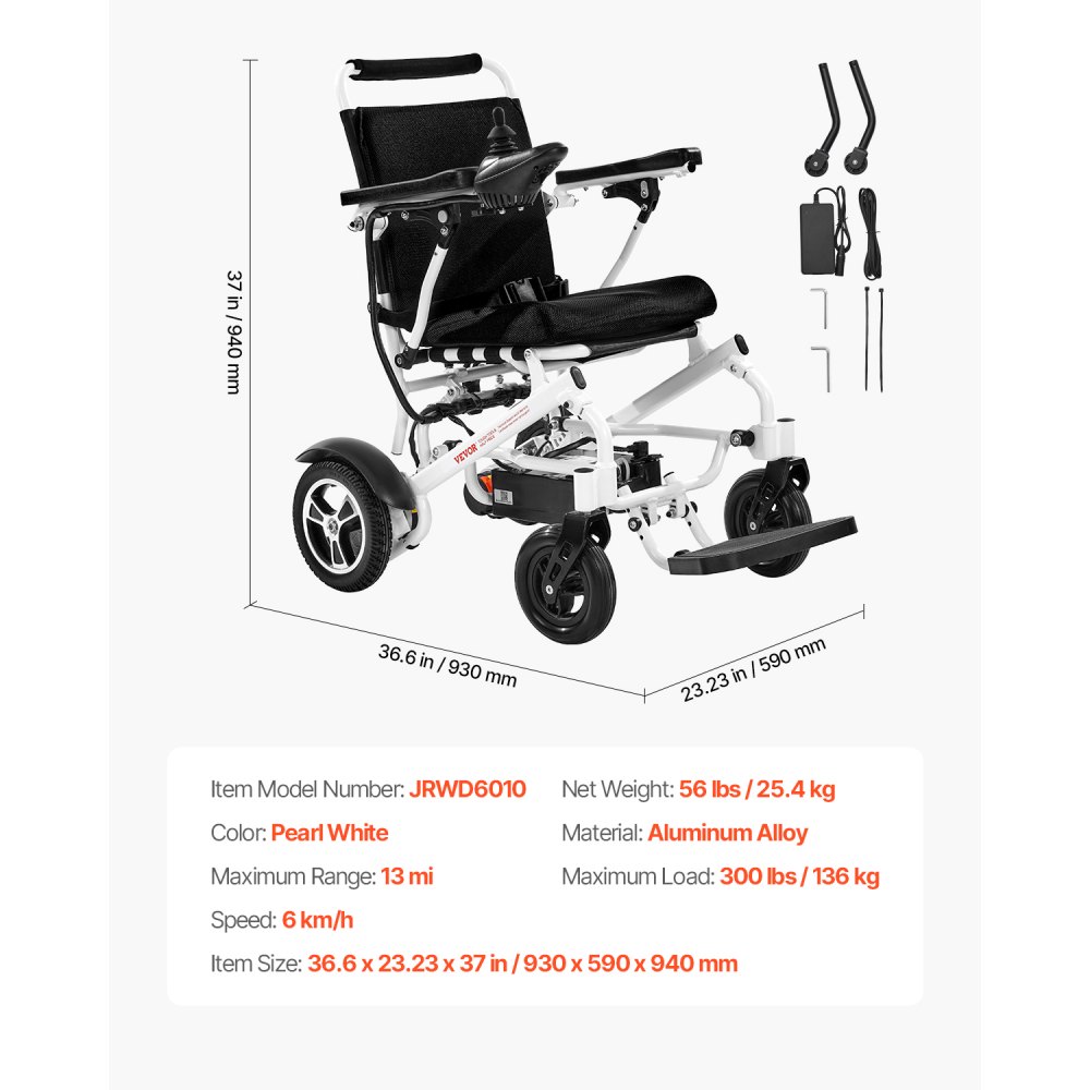 VEVOR Electric Wheelchair for Adults, 136 kg Weight Capacity, Foldable & Lightweight Motorized Wheelchair, 21 km Range, Medical Scooter, Portable for Seniors & Disabled People, 930x590x940 mm