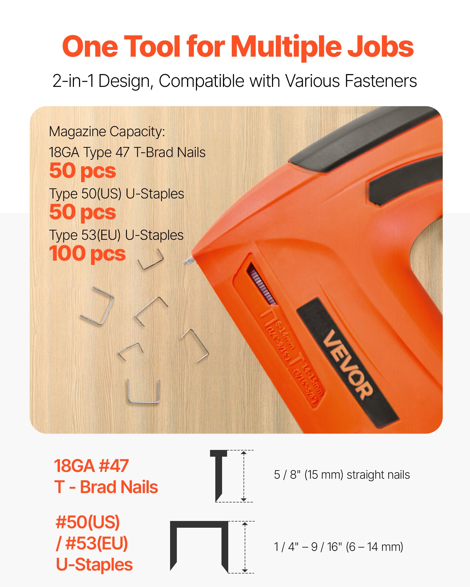 VEVOR Cordless Brad Nailer, 2-in-1 Nail Gun Staple Gun, 18 Gauge 15 mm, Battery Powered, with 1000 Pcs Staples and 1000 Pcs Nails, Non-Slip Rubber Grip, for Woodworking, Carpentry and DIY Projects