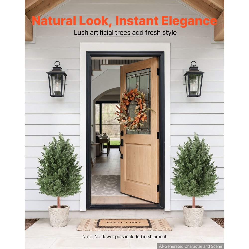 VEVOR Set di 2 Alberi di Cedro Artificiali 914 mm Piante Finte Grandi in PE, Albero Topiario da Esterno e Interno con Picchetti, Arbusti Decorativi per Porta d'Ingresso, Veranda, Balcone e Giardino