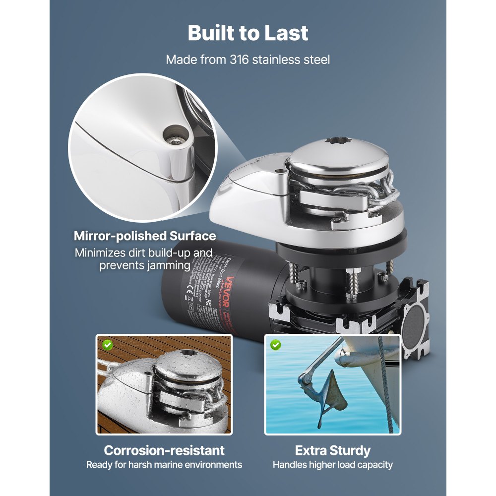 VEVOR Vertical Fishing Windlass, 12V DC 600W, Windlass Anchor Systems Fit for 6.35 mm Chain or 14.3 & 15.9 mm Nylon Rope, Max Pull 320 kg, 316 Stainless Steel Construction, for Boats 6-11 m