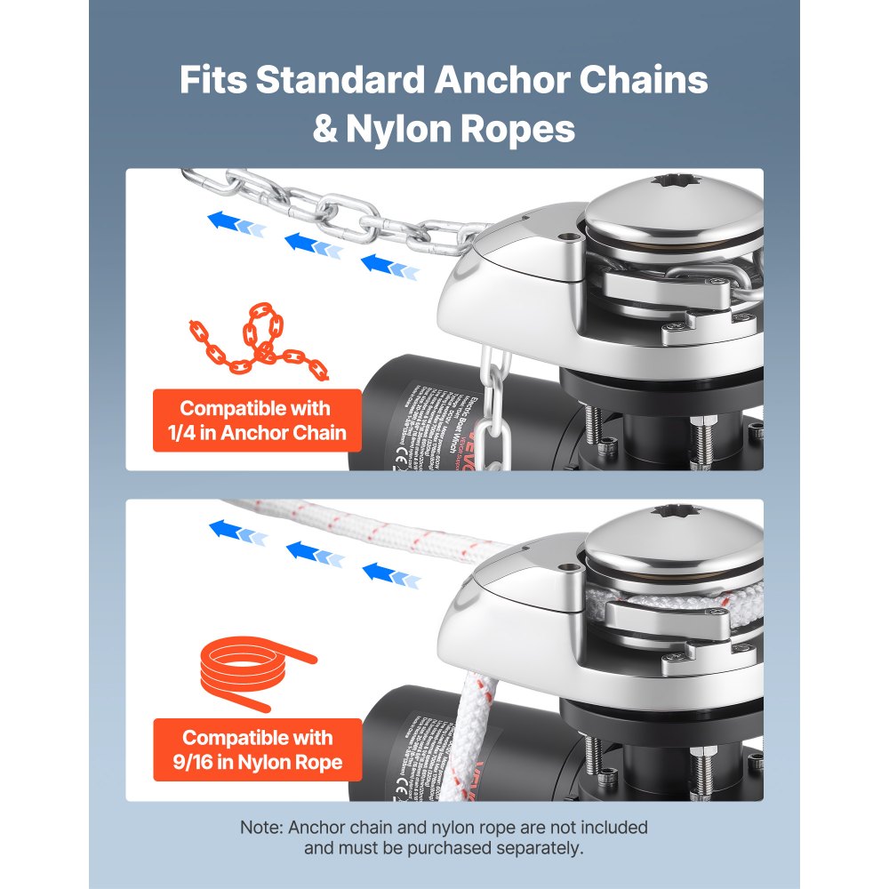 VEVOR Vertical Fishing Windlass, 12V DC 600W, Windlass Anchor Systems Fit for 6.35 mm Chain or 14.3 & 15.9 mm Nylon Rope, Max Pull 320 kg, 316 Stainless Steel Construction, for Boats 6-11 m
