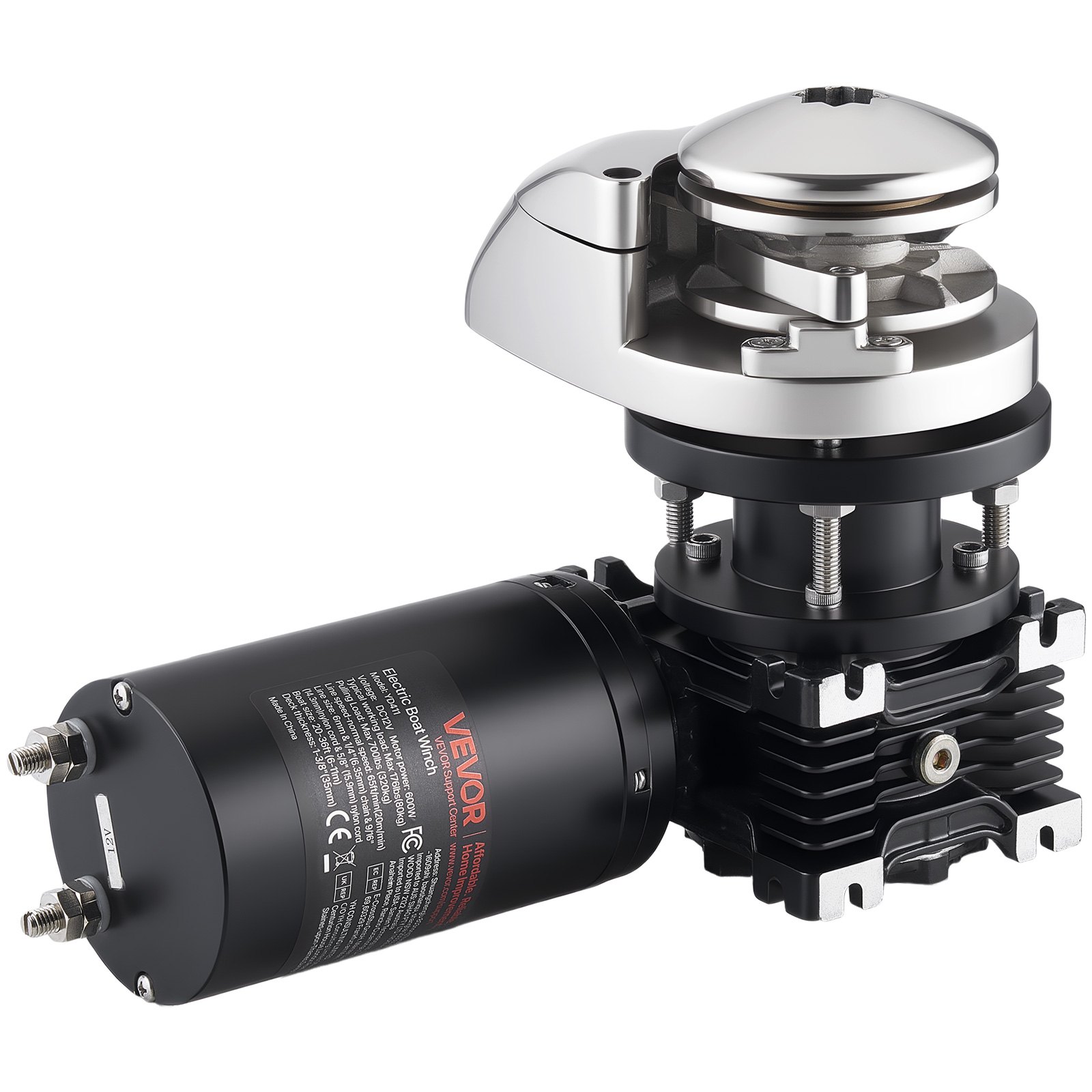 VEVOR Verricello Verticale da Pesca in Acciaio Inox, Sistemi di Ancoraggio Adatti per Catena da 6,35 mm o Corda in Nylon da 14,3 e 15,9 mm, Tiro Massimo 320 kg, Struttura, per Barche da 6 a 11 m