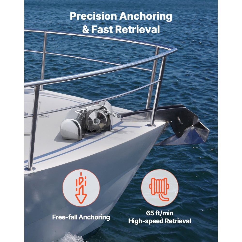 VEVOR Horizontal Fishing Windlass, 12V DC 600W, Windlass Anchor Systems Fit for 6.35 mm Chain or 14.3 & 15.9 mm Nylon Rope, Max Pull 260 kg, 316 Stainless Steel Construction, for Boats 7-9 m