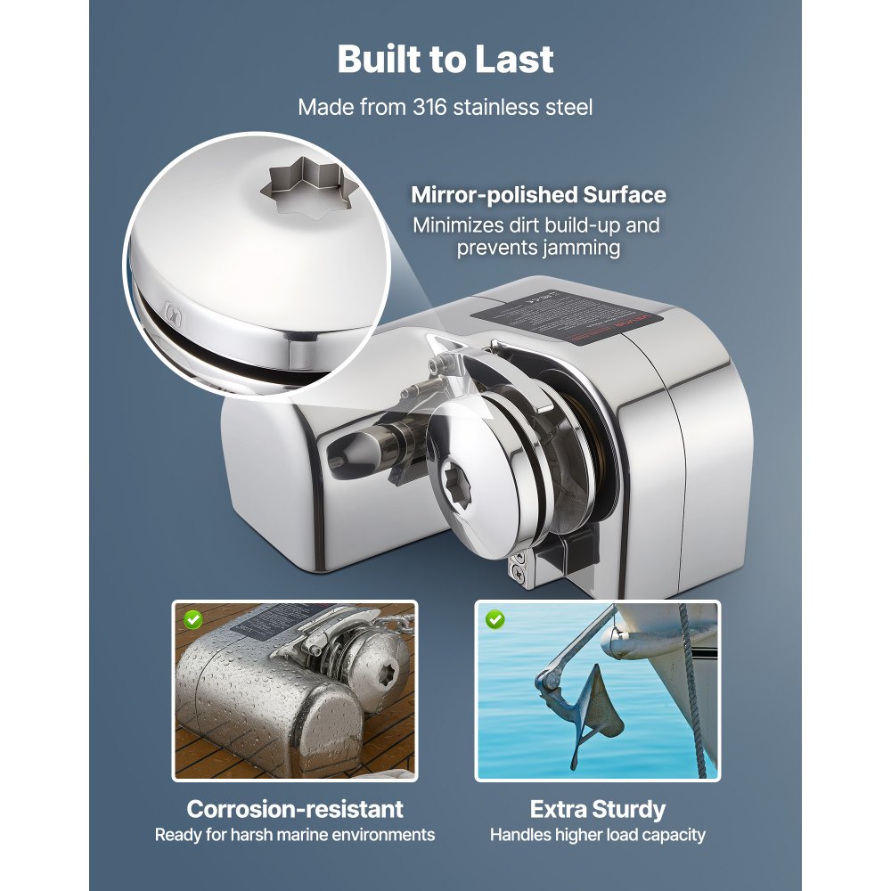 VEVOR Horizontal Fishing Windlass, 12V DC 600W, Windlass Anchor Systems Fit for 6.35 mm Chain or 14.3 & 15.9 mm Nylon Rope, Max Pull 260 kg, 316 Stainless Steel Construction, for Boats 7-9 m