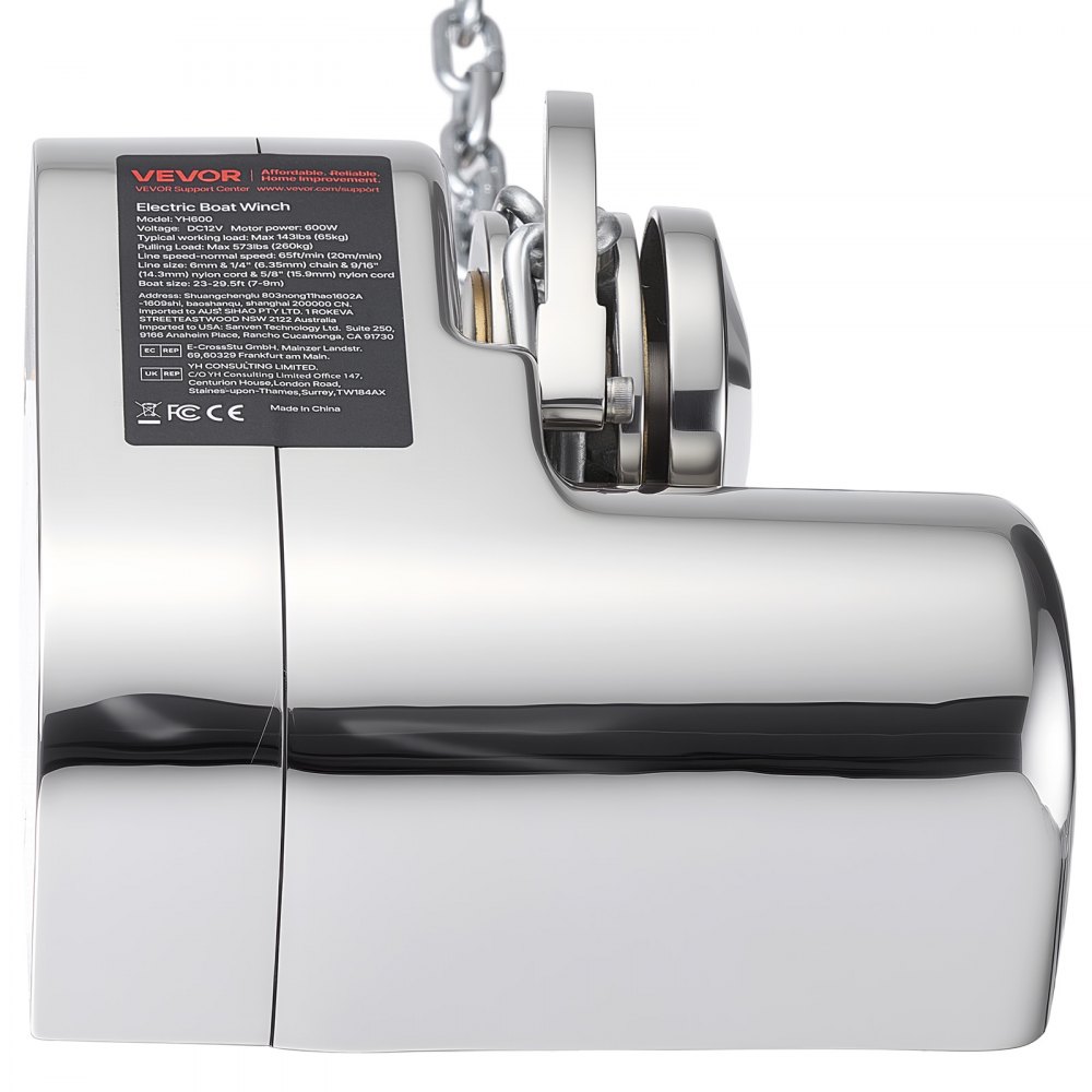 VEVOR Horizontal Fishing Windlass, 12V DC 600W, Windlass Anchor Systems Fit for 6.35 mm Chain or 14.3 & 15.9 mm Nylon Rope, Max Pull 260 kg, 316 Stainless Steel Construction, for Boats 7-9 m