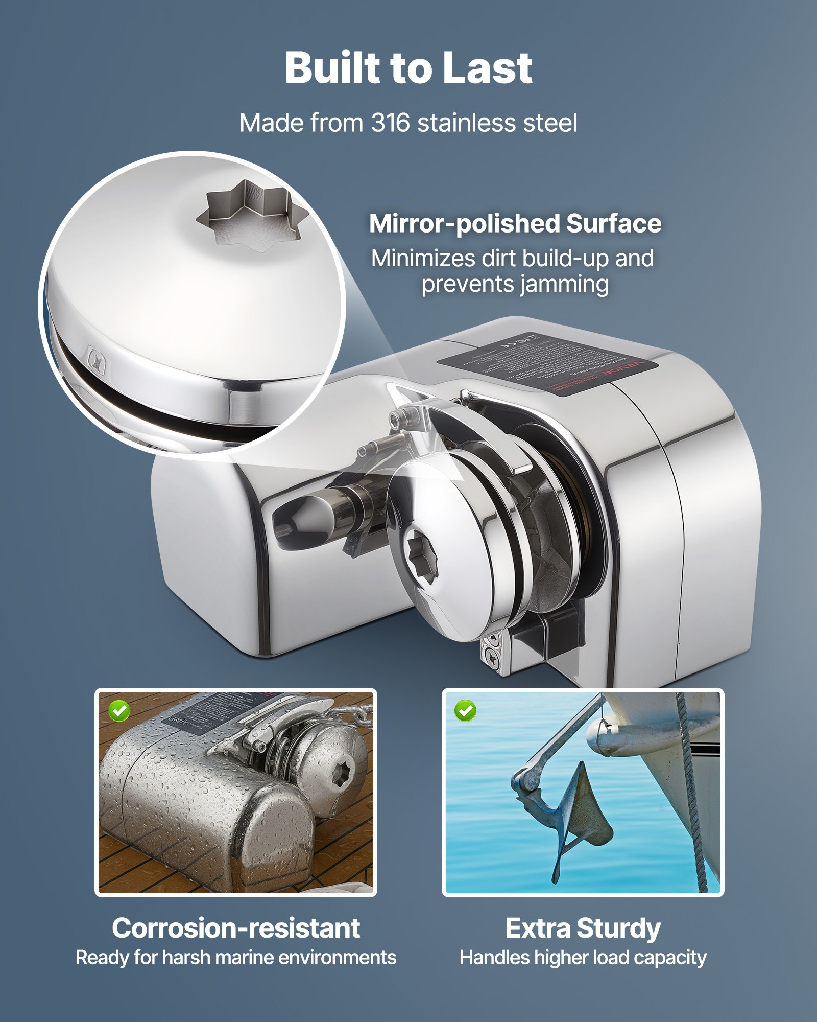 VEVOR Verricello Orizzontale da Pesca in Acciaio Inox, Sistemi di Ancoraggio Adatti per Catena da 6,35 mm o Corda in Nylon da 14,3 e 15,9 mm, Tiro Massimo 260 kg, Struttura, per Barche da 7 a 9 m