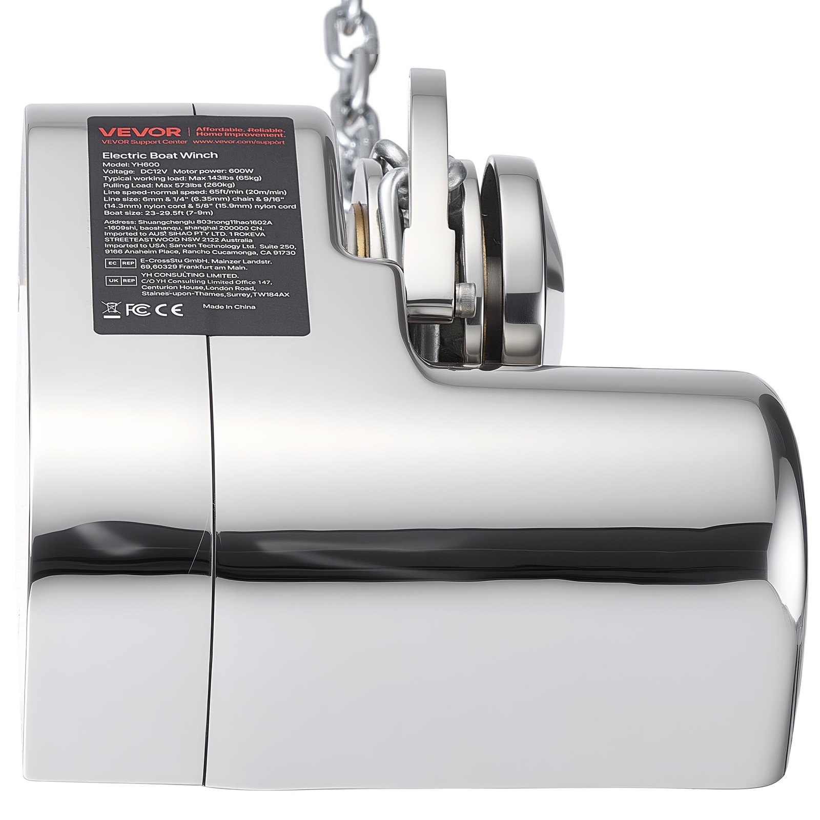 VEVOR Verricello Orizzontale da Pesca in Acciaio Inox, Sistemi di Ancoraggio Adatti per Catena da 6,35 mm o Corda in Nylon da 14,3 e 15,9 mm, Tiro Massimo 260 kg, Struttura, per Barche da 7 a 9 m