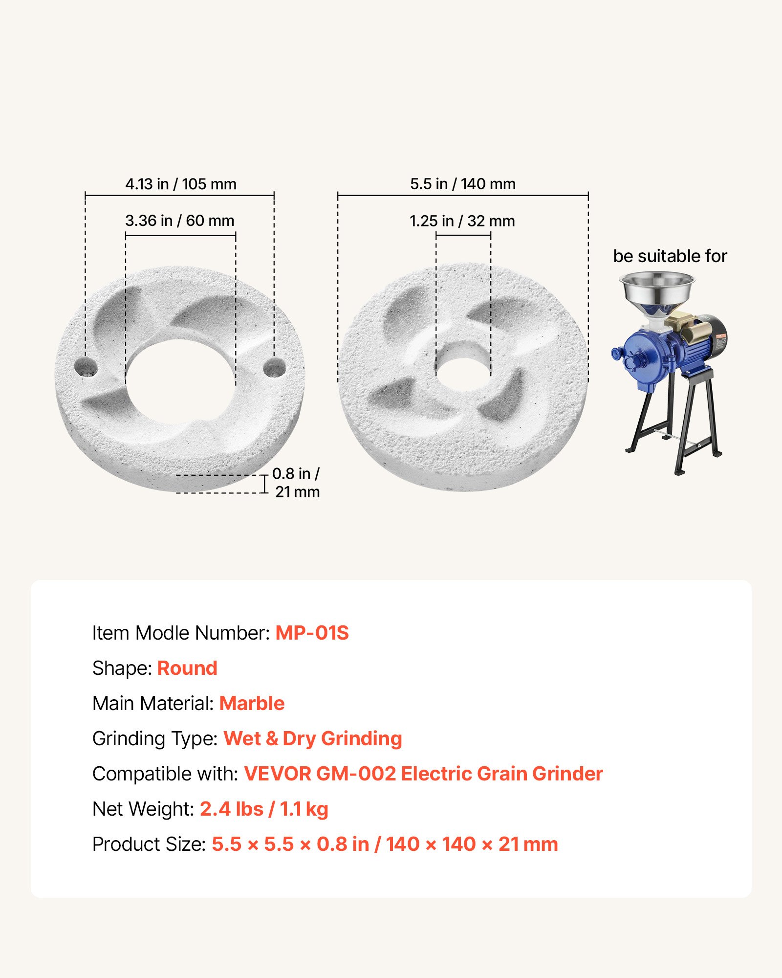 VEVOR 2PCS Grinding Sheets for Electric Grain Mill Grinder, Marble Dry & Wet Grinding Discs, Replacement Grinding Plates Compatible with VEVOR GM-002 Corn Spice Mill Grinder