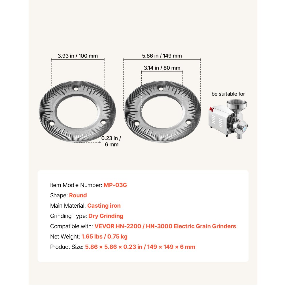 VEVOR 2PCS Grinding Sheets for Electric Grain Mill Grinder, Cast Iron Dry Grinding Discs, Replacement Grinding Plates Compatible with VEVOR HN-2200, HN-3000 Corn Spice Mill Grinder