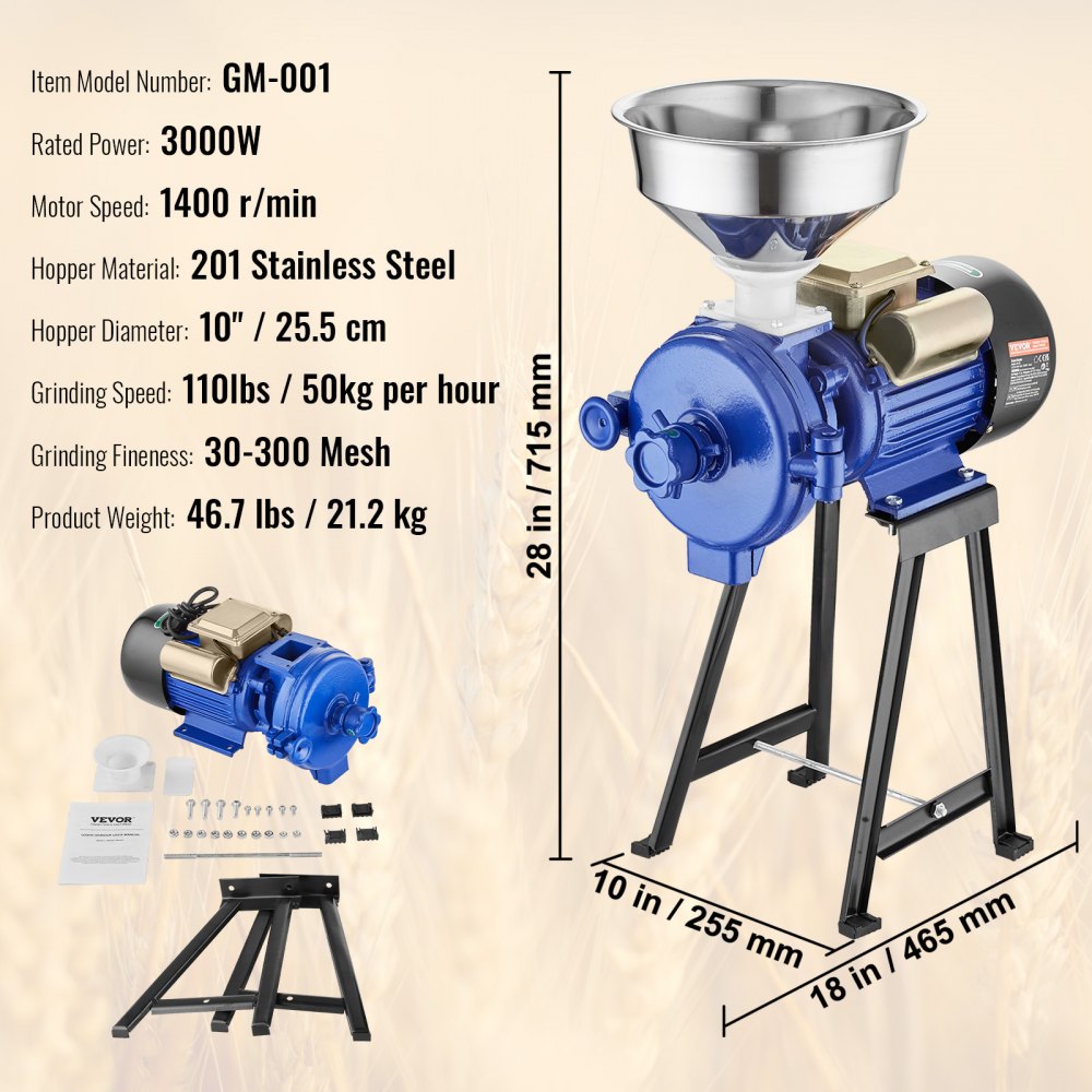 VEVOR Mulino Elettrico per Cereali, Mulino per Mais con Imbuto, Macchina per Polvere Spessore Regolabile, Mulino per Cereali per Farina Impieghi Gravosi, Macina a Secco o Umido, Macina Spezie 3000 W