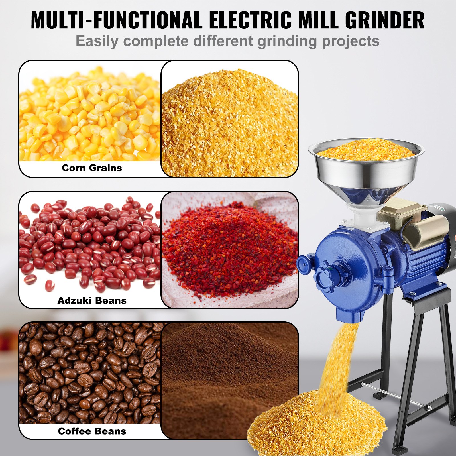 VEVOR Mulino Elettrico per Cereali, Mulino per Mais con Imbuto, Macchina per Polvere Spessore Regolabile, Mulino per Cereali per Farina Impieghi Gravosi, Macina a Secco o Umido, Macina Spezie 3000 W