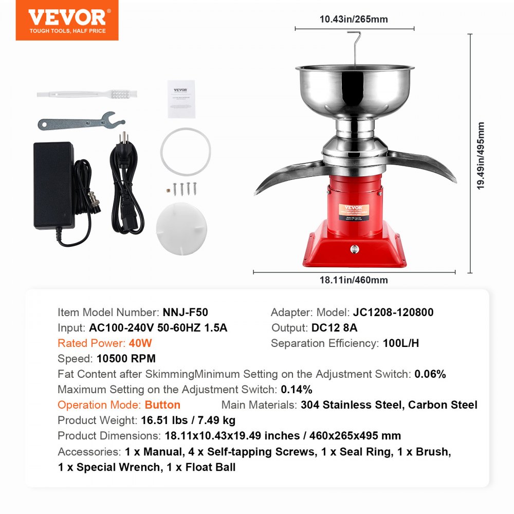 VEVOR Separatore Centrifugo per Crema di Latte, Macchinetta Separatore di Crema Elettrico in Acciaio Inox 304 100 L/H 10500 Giri/min, Scrematrice Centrifuga per Crema Formaggio Dolci 30 W, 100-240 V