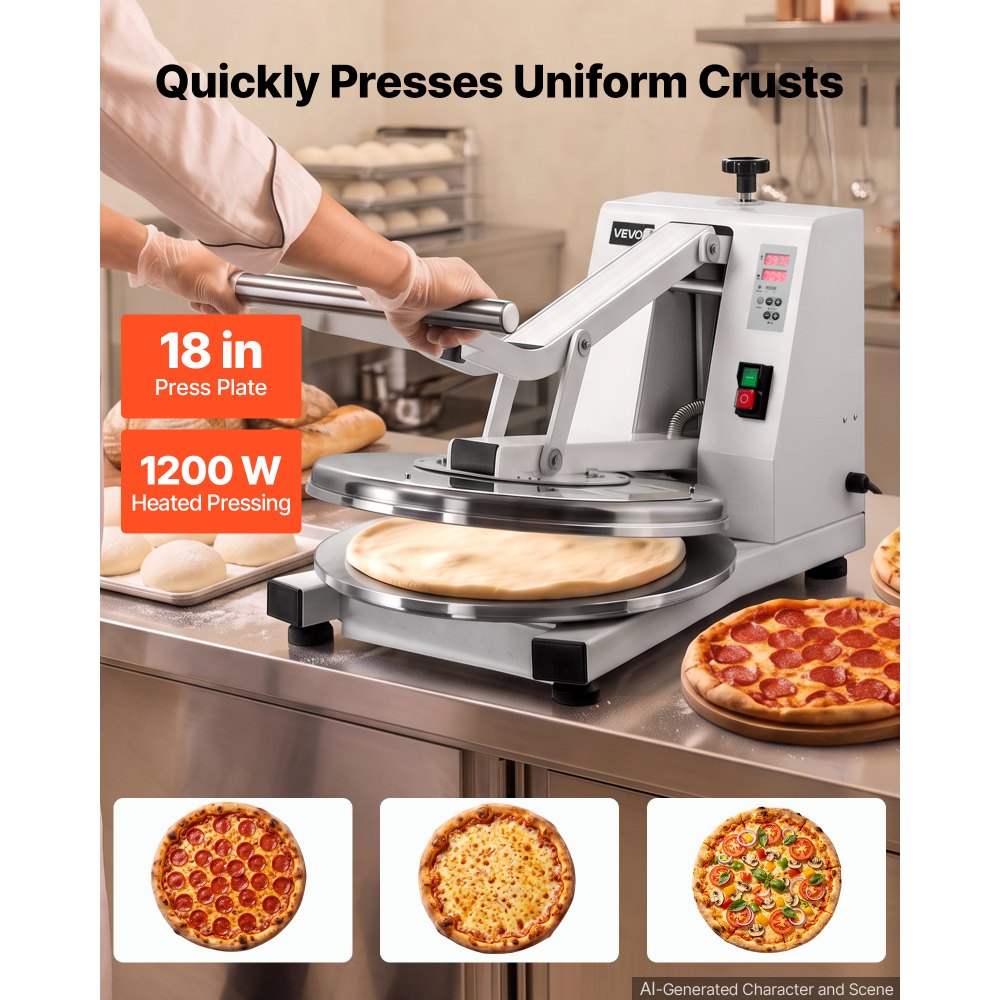 VEVOR Macchina Elettrica di Pressa per Impasto di Pizza Diametro 455 mm 1200 W, in Alluminio Pressofuso, Spessore Regolabile, Stenditrice per Impasto da Pnetteria, Pizzeria, Ristorante, Cucina