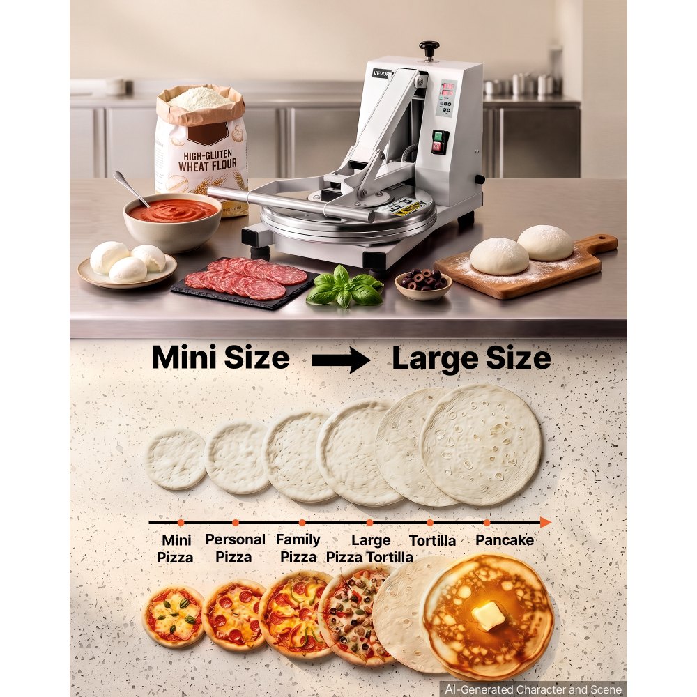 VEVOR Macchina Elettrica di Pressa per Impasto di Pizza Diametro 455 mm 1200 W, in Alluminio Pressofuso, Spessore Regolabile, Stenditrice per Impasto da Pnetteria, Pizzeria, Ristorante, Cucina